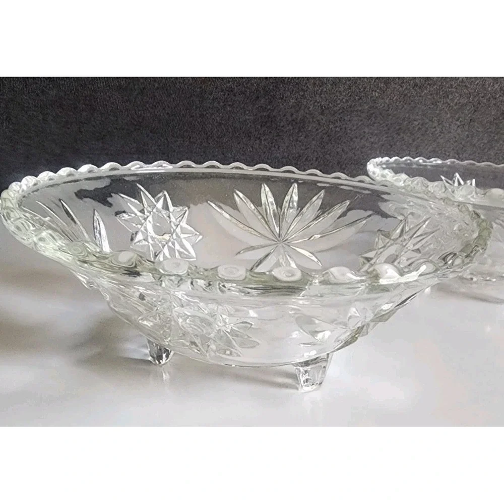 2 Vintage Anchor Hocking Clear Glass 3 Footed Star of David Candy Bowl Dish